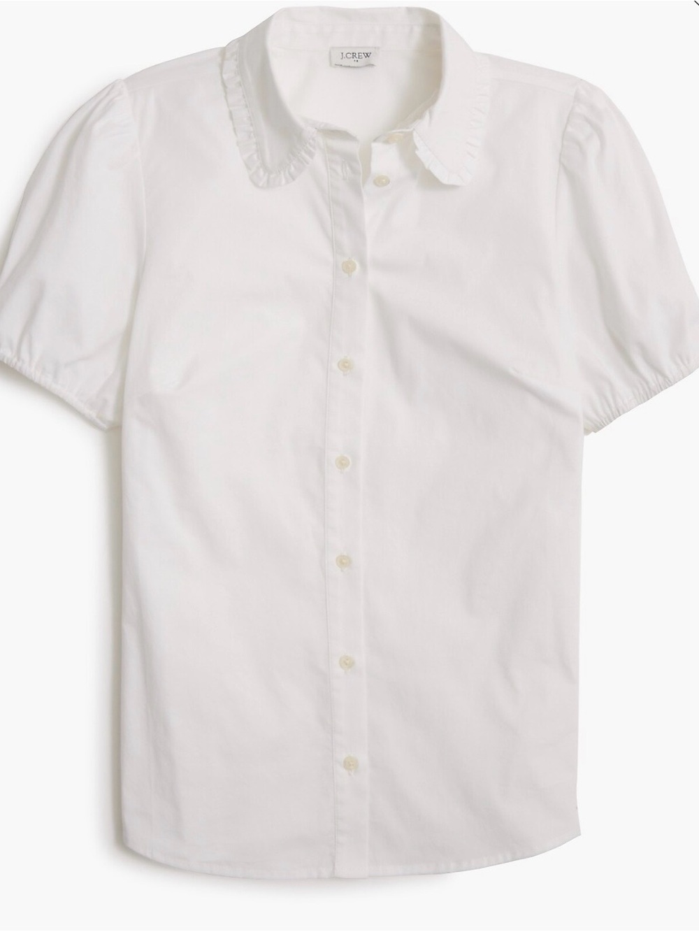 NWOT J. Crew White Short Puff Sleeve Ruffle Collar Button-Down Shirt. Size M